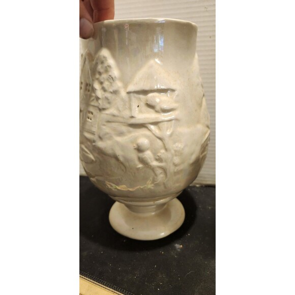 Vintage Iridescent Lusterware Vase – Cottage Scene Relief 10” Ceramic - Picture 4 of 11